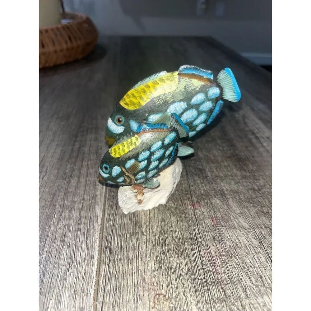 Decorative Carved Painted Wood Tropical Fish Mother Child on Coral
